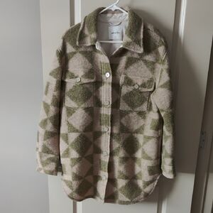 Wilfred Green and Cream Geometric Wool Shacket